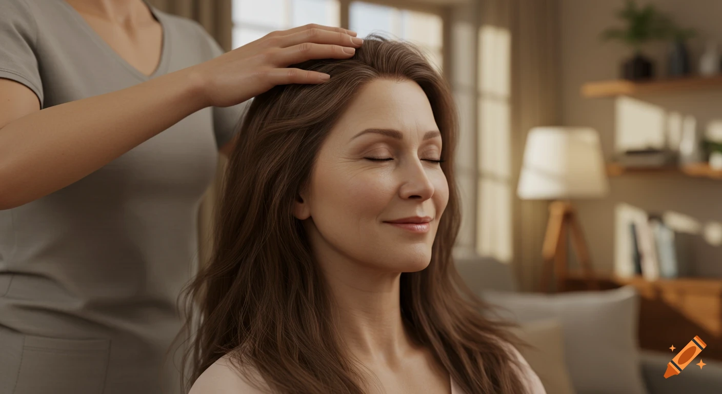 A photorealistic image of a woman in her 50s with long brown hair, eyes closed in relaxation, receiving a scalp massage at home.