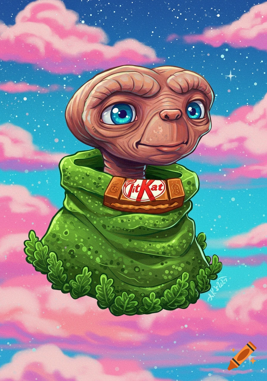Cartoon E.T. alien floats in a starry, pink-clouded sky, wearing a green cloak and a Kit Kat bar necklace.
