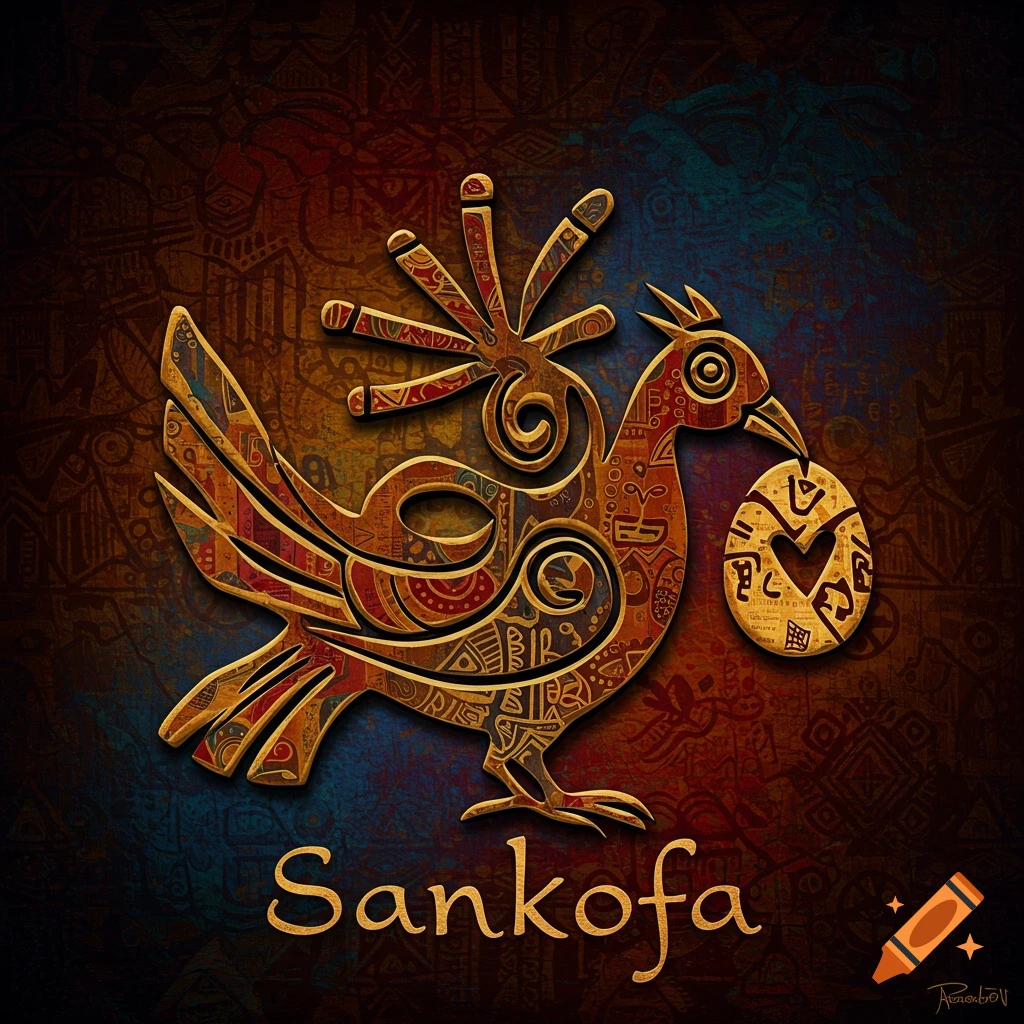 A golden, stylized Sankofa bird symbol with an egg in its beak, on a dark, patterned background, with the word 'Sankofa' below.