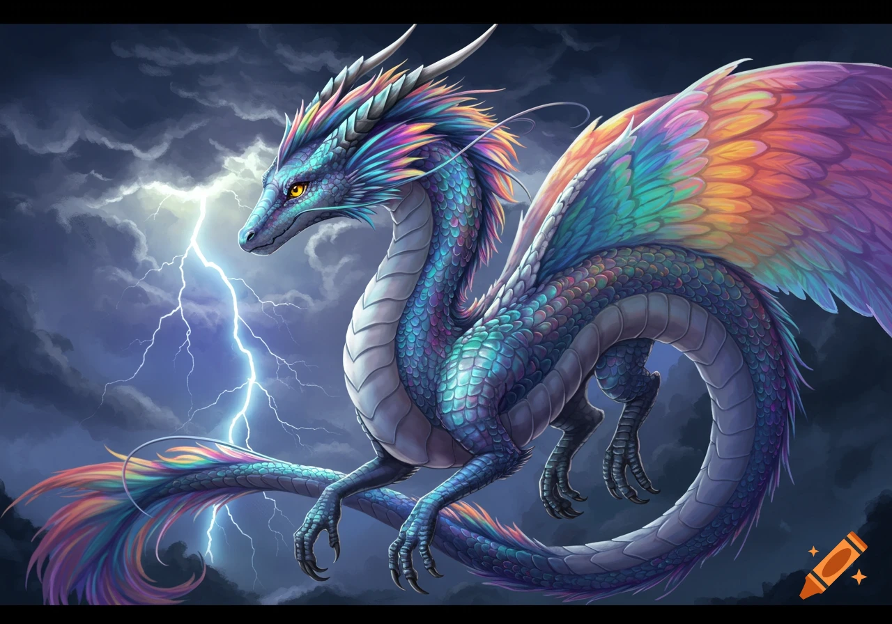 A vibrant dragon with iridescent blue scales, rainbow wings, and golden eyes hovers in a stormy sky with lightning.