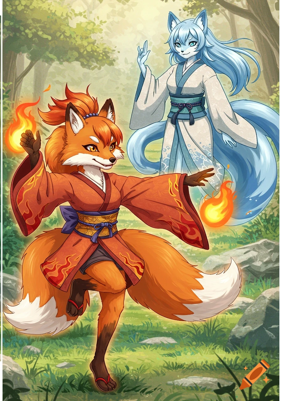 An anime illustration of an orange fire fox and a light blue water fox in kimonos, standing in a forest.