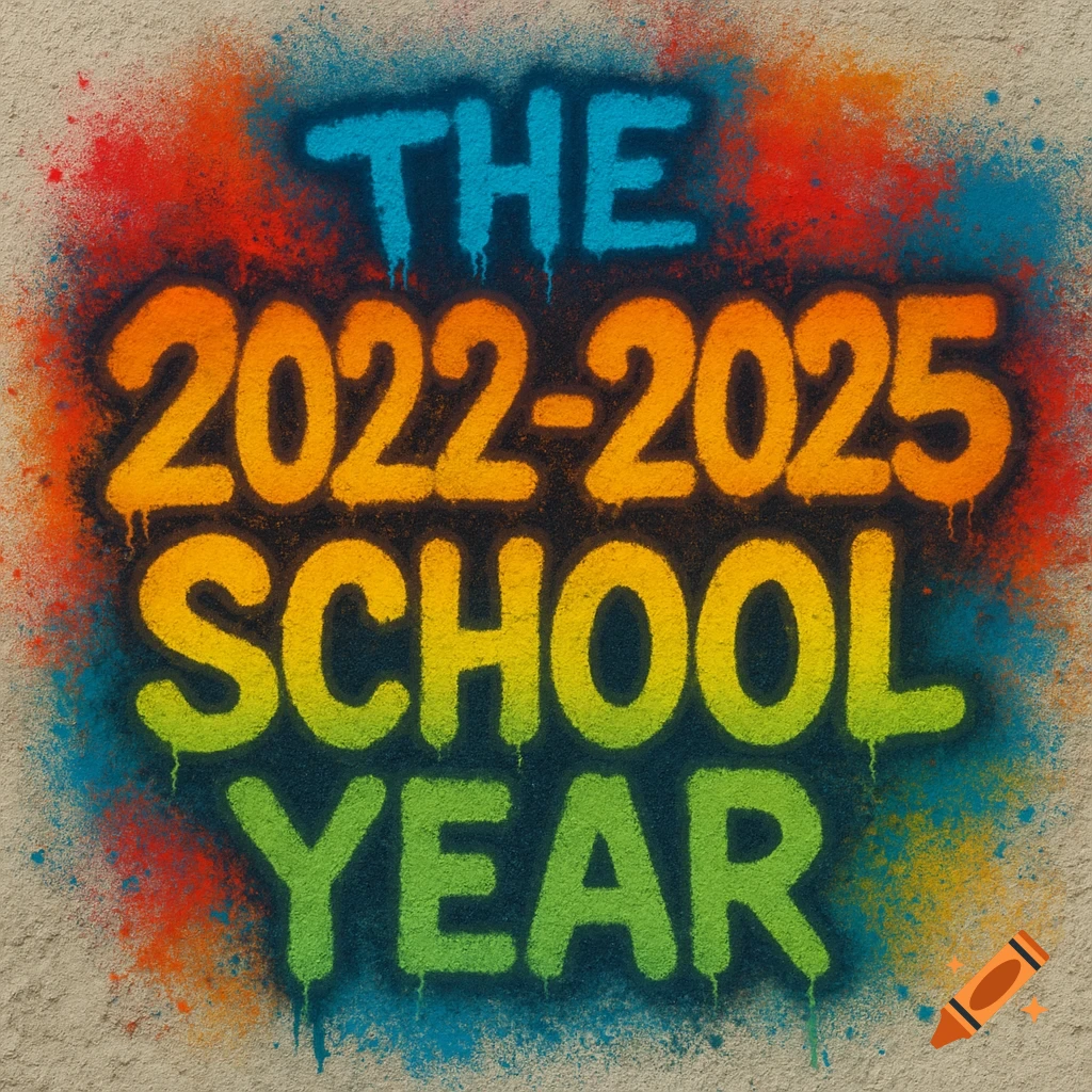 The phrase 'THE 2022-2025 SCHOOL YEAR' spray painted in colorful graffiti style on a textured wall.
