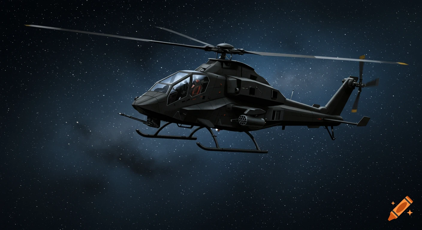 A dark Airwolf helicopter flying through a starry night sky.