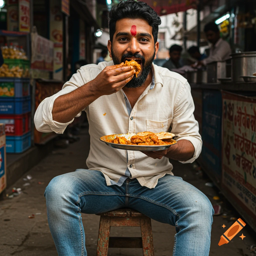 A bearded Indian man with a bindi on his forehead sits on a stool in a busy street, enthusiastically eating curry with his hands from a metal plate.