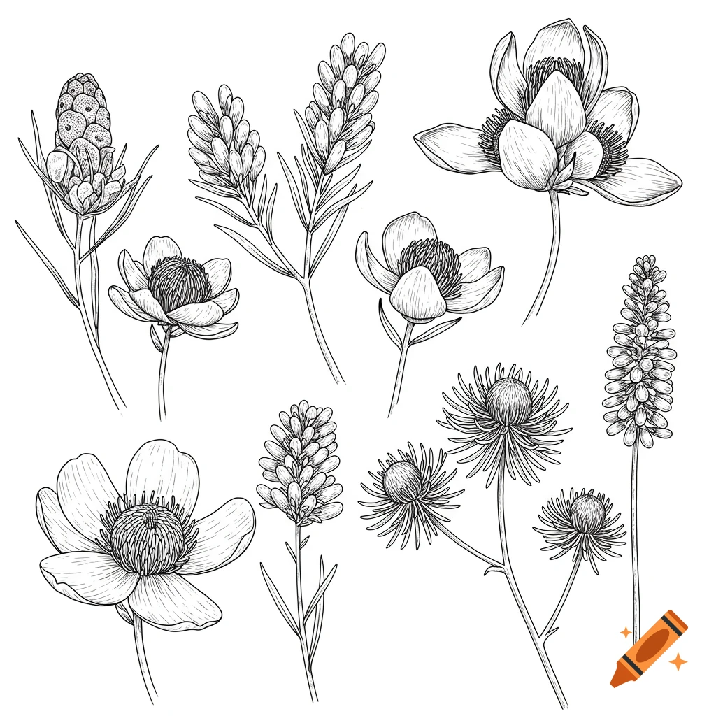 Black and white line drawings of various indigenous flowers, resembling botanical illustrations.