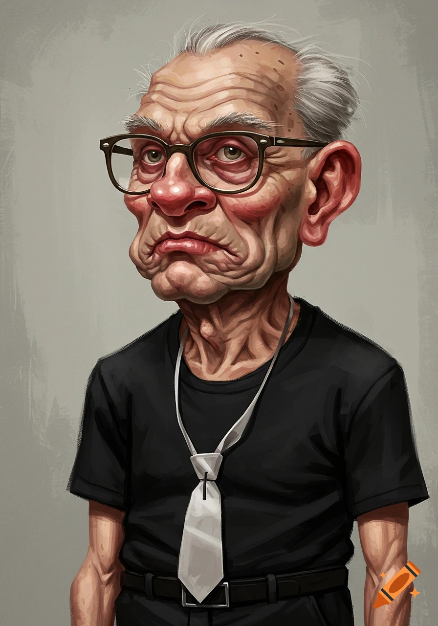 A stylized caricature portrait of an old man with gray hair and glasses wearing a black t-shirt and white tie.