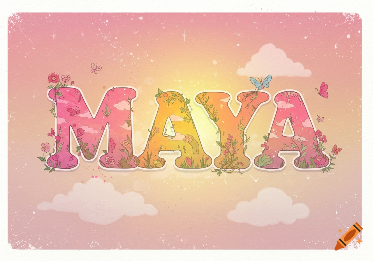 Colorful, whimsical lettering of the name MAYA adorned with flowers, vines, and butterflies, set against a pink and yellow gradient sky with clouds and sparkling stars.