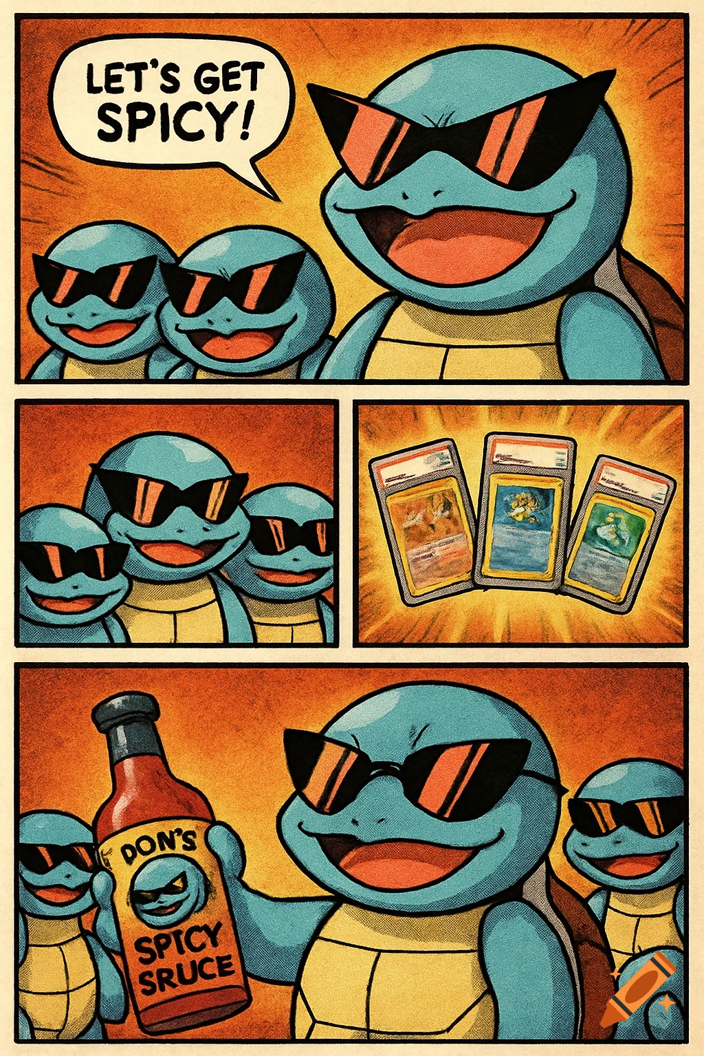 A comic strip features the Squirtle Squad in sunglasses. Panels show them with a speech bubble 'LET'S GET SPICY!', three graded trading cards, and a bottle labeled 'DON'S SPICY SRUCE'.