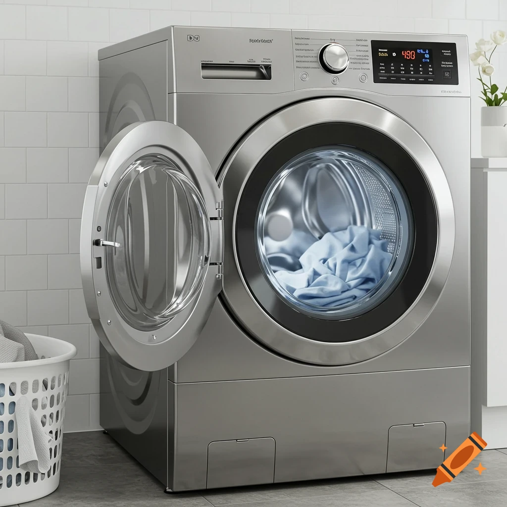 A photorealistic image of a stainless steel washing machine with its door open, revealing blue laundry inside, in a laundry room.