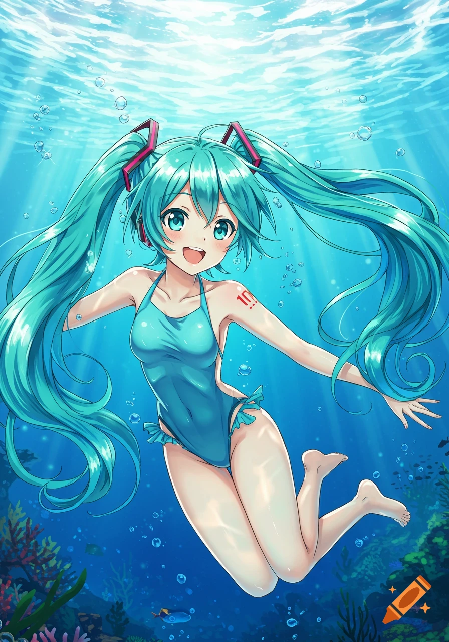 Hatsune Miku in a blue swimsuit smiles while swimming gracefully underwater, with sun rays above and a coral reef below, in anime style.