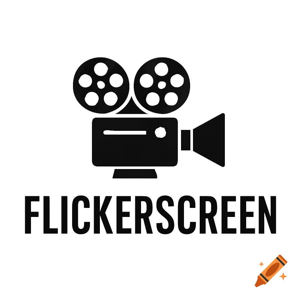 Black silhouette logo featuring a vintage film camera with two reels and the word FLICKERSCREEN.