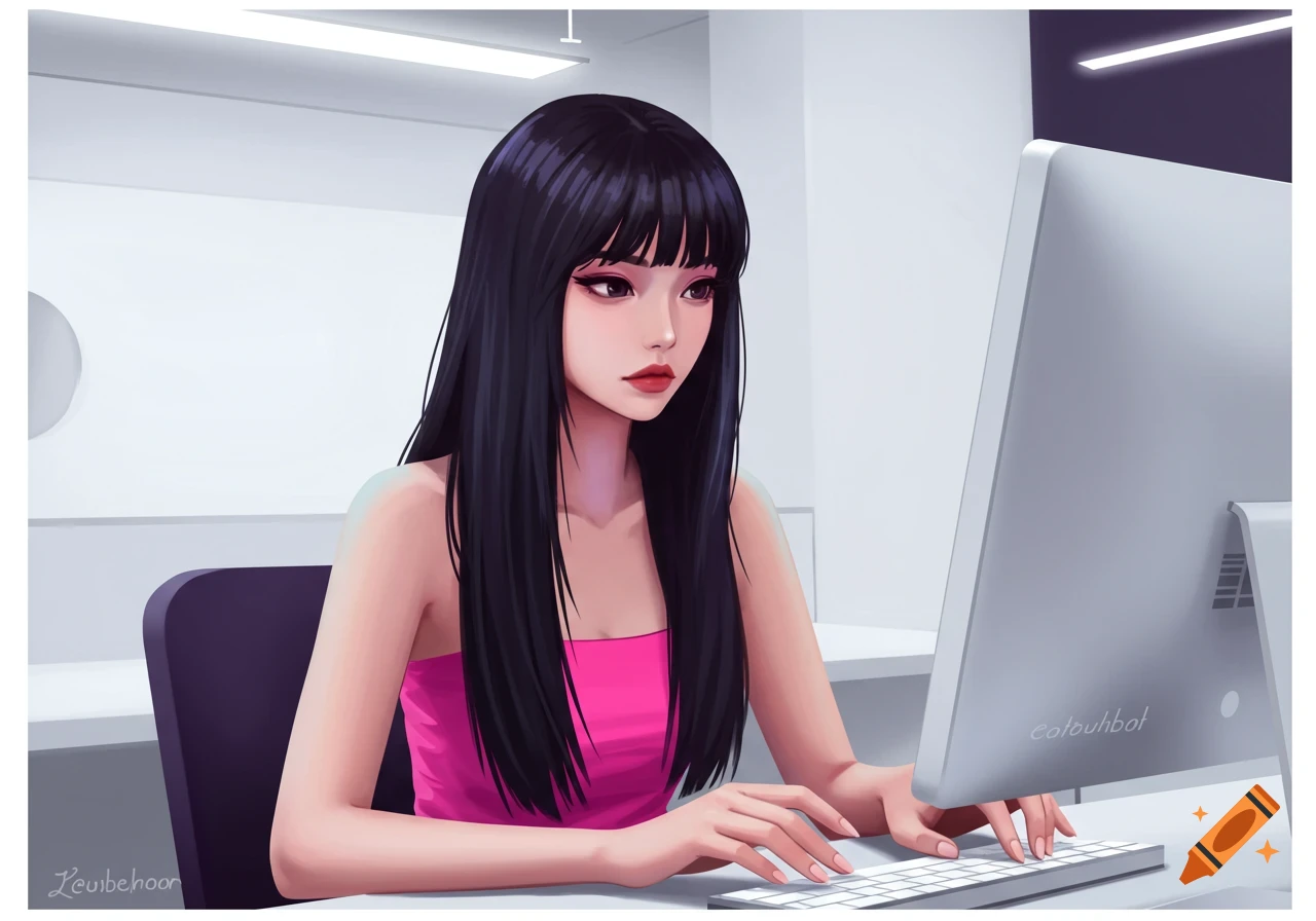 An anime-style girl with long black hair and a pink tube top sits at a computer, typing on the keyboard in an office setting.