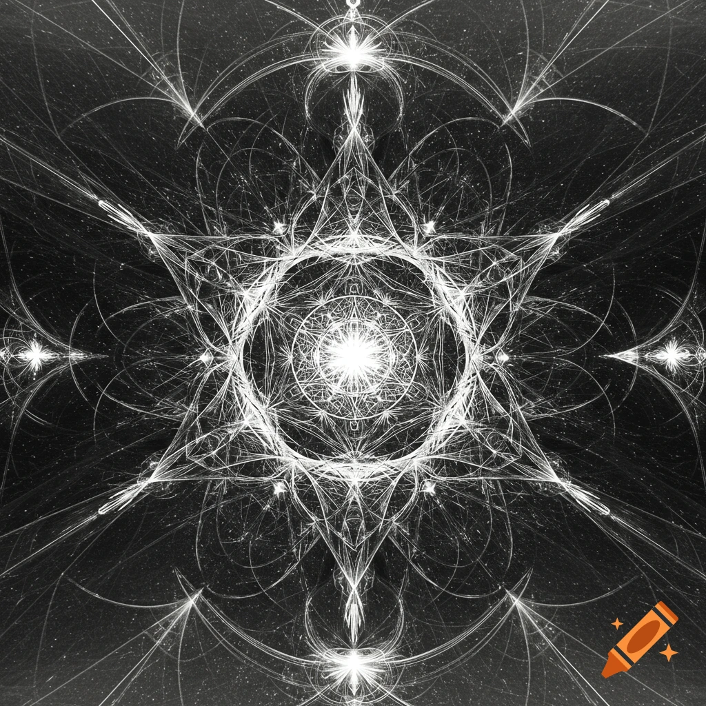 Intricate black and white abstract geometric pattern resembling a star or mandala with glowing points.