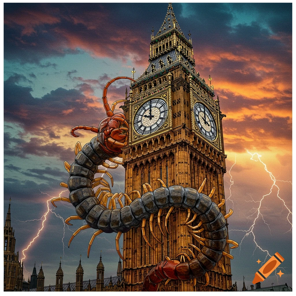 A giant centipede wrapped around the Big Ben clock tower under a dramatic, lightning-filled sky.