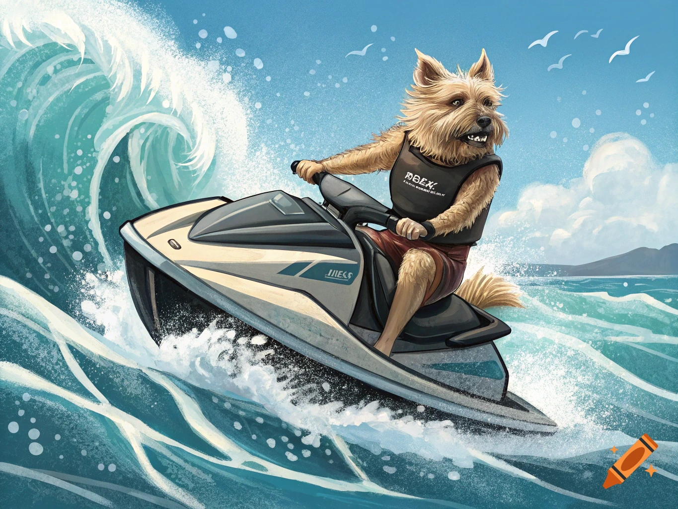 A fluffy Cairn Terrier dog rides a jet ski through a large wave in the ocean, depicted in an illustration.