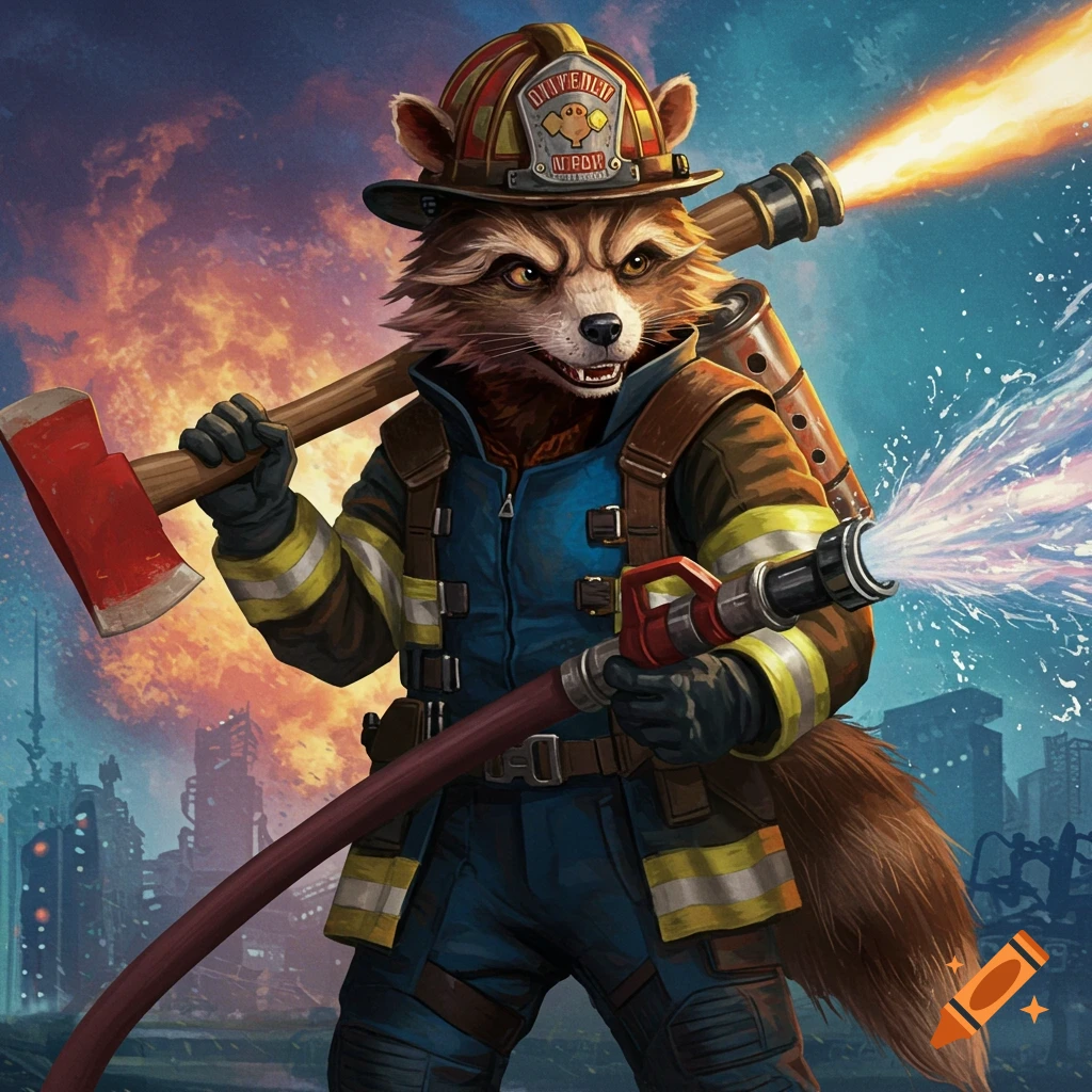 A raccoon-like character resembling Rocket Raccoon, dressed as a firefighter holding an axe and a spraying hose, with a burning cityscape in the background.