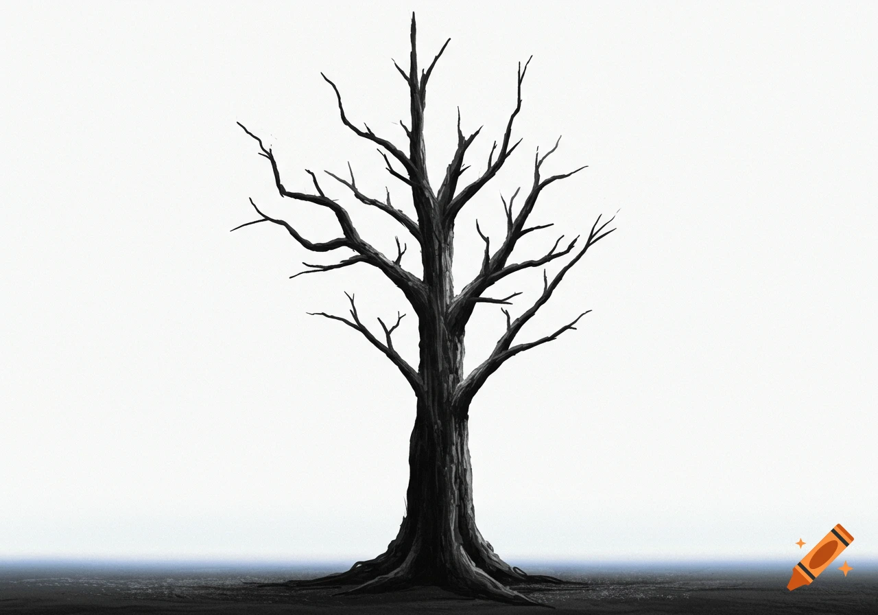 A black and white illustration of a bare, leafless tree on dark ground with a white background.