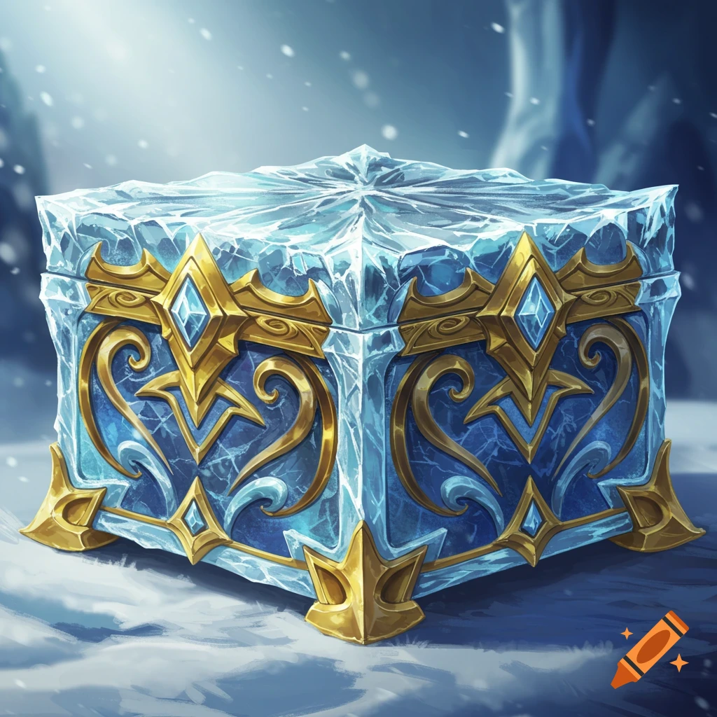 An ornate ice chest with gold and blue decorations sits in a snowy landscape.