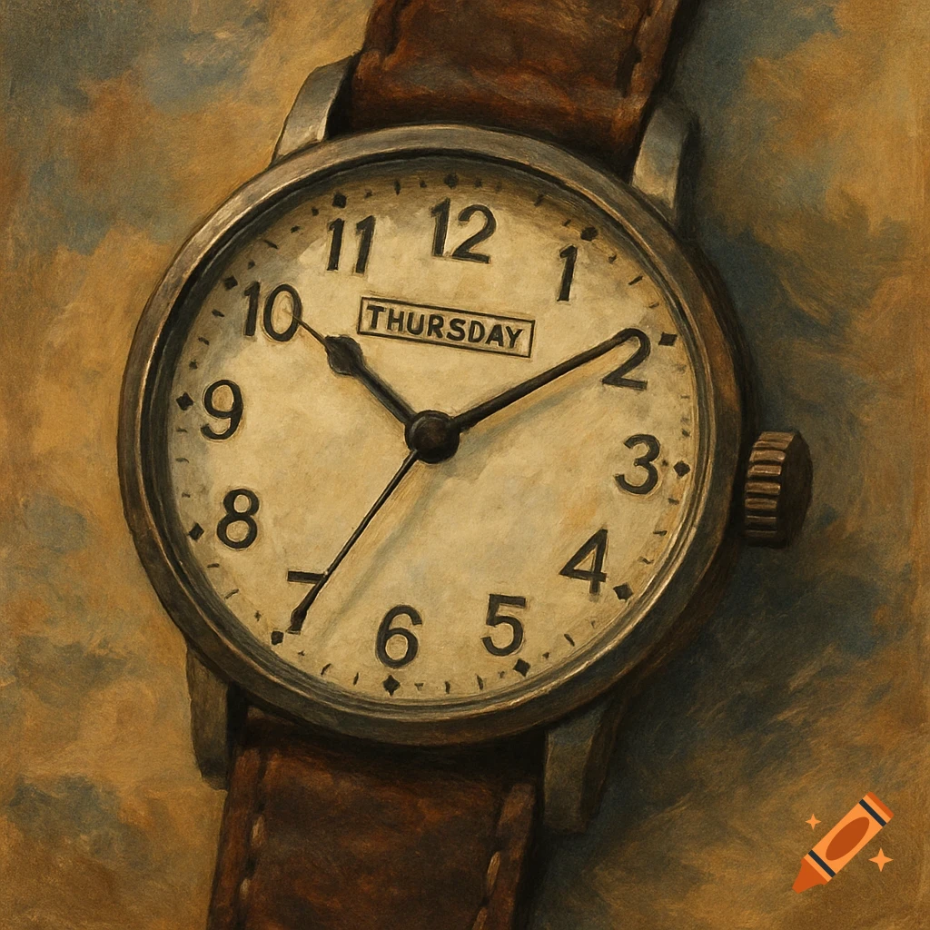 A detailed painting of an analog wristwatch with a brown leather strap, showing the day as THURSDAY and the time around 10:30.