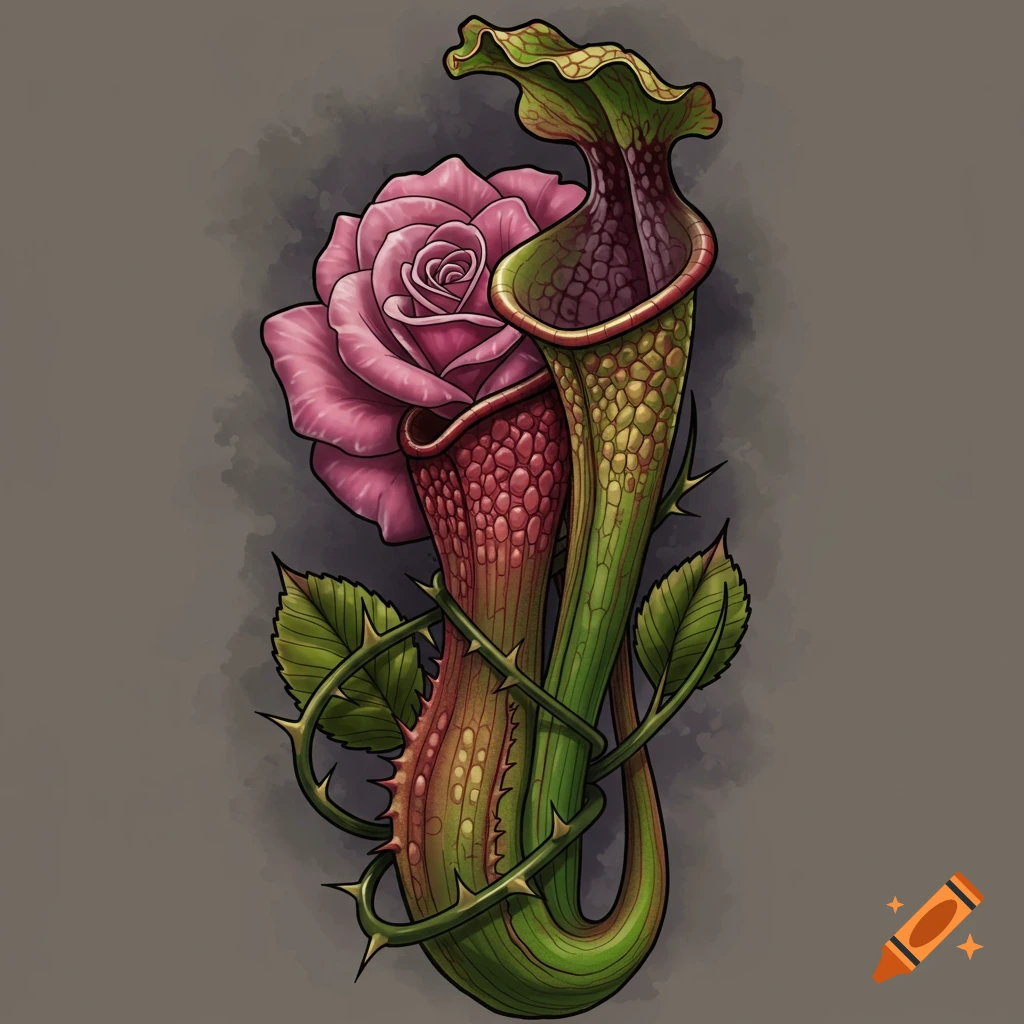 A stylized illustration of a pink rose emerging from a red and green pitcher plant, wrapped in thorny vines, on a muted background.