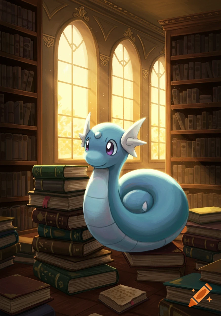 A cute Dratini sitting among stacks of books in a sunlit library with large arched windows.