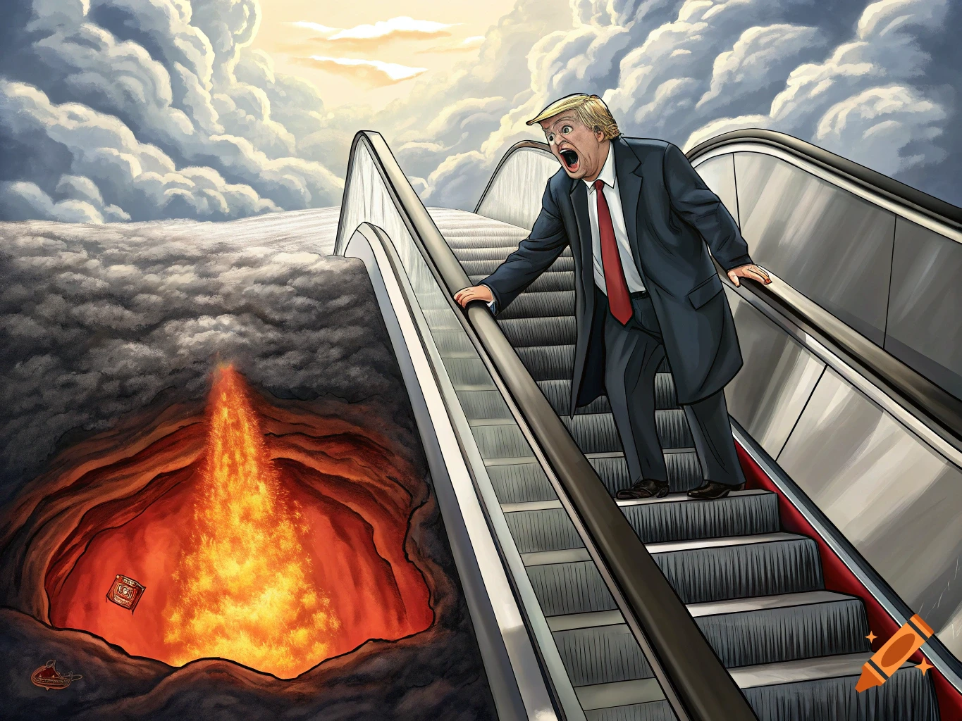 A political cartoon depicts Donald Trump on an escalator descending from bright clouds into a fiery, hellish pit.