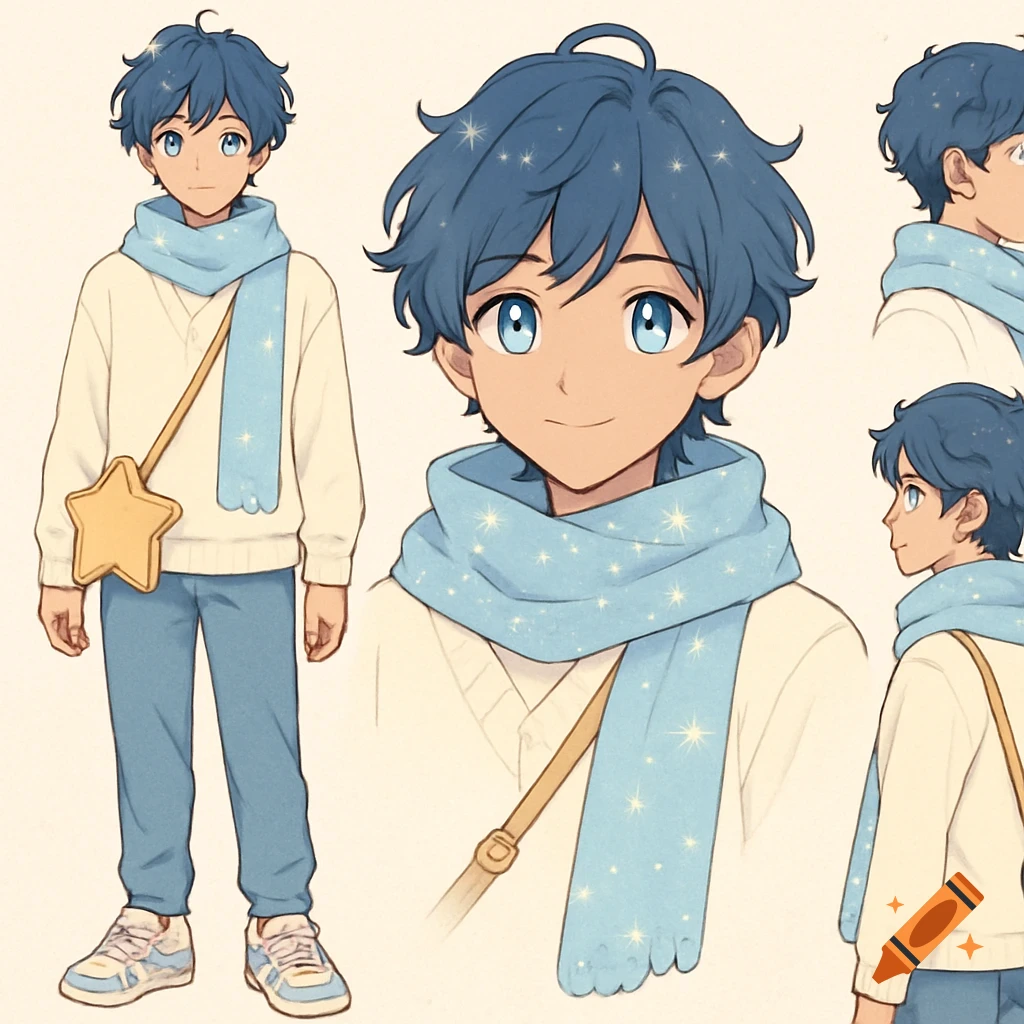 Anime character sheet of a handsome boy with dark blue hair, pastel blue eyes, a white sweater, blue pants, a starry scarf, and a star bag.