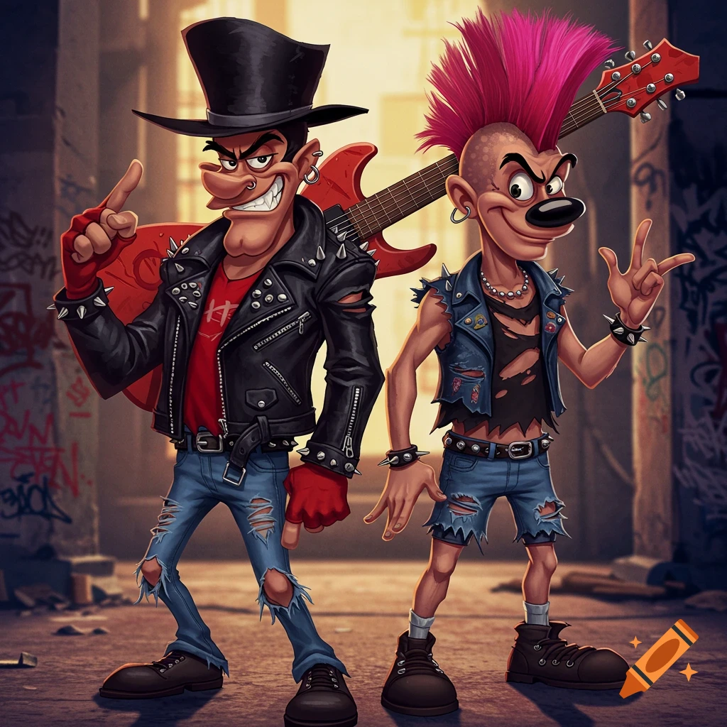 Two cartoon punk rockers stand in a graffiti-covered alley. One wears a top hat and leather jacket, the other has a pink mohawk and denim vest. Guitars are visible behind them.