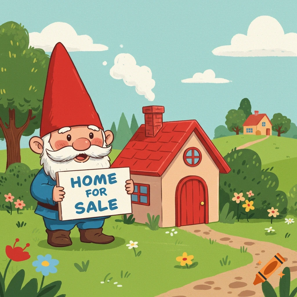 A cheerful cartoon gnome holds a 'HOME FOR SALE' sign in front of a cozy cottage in a vibrant green landscape.
