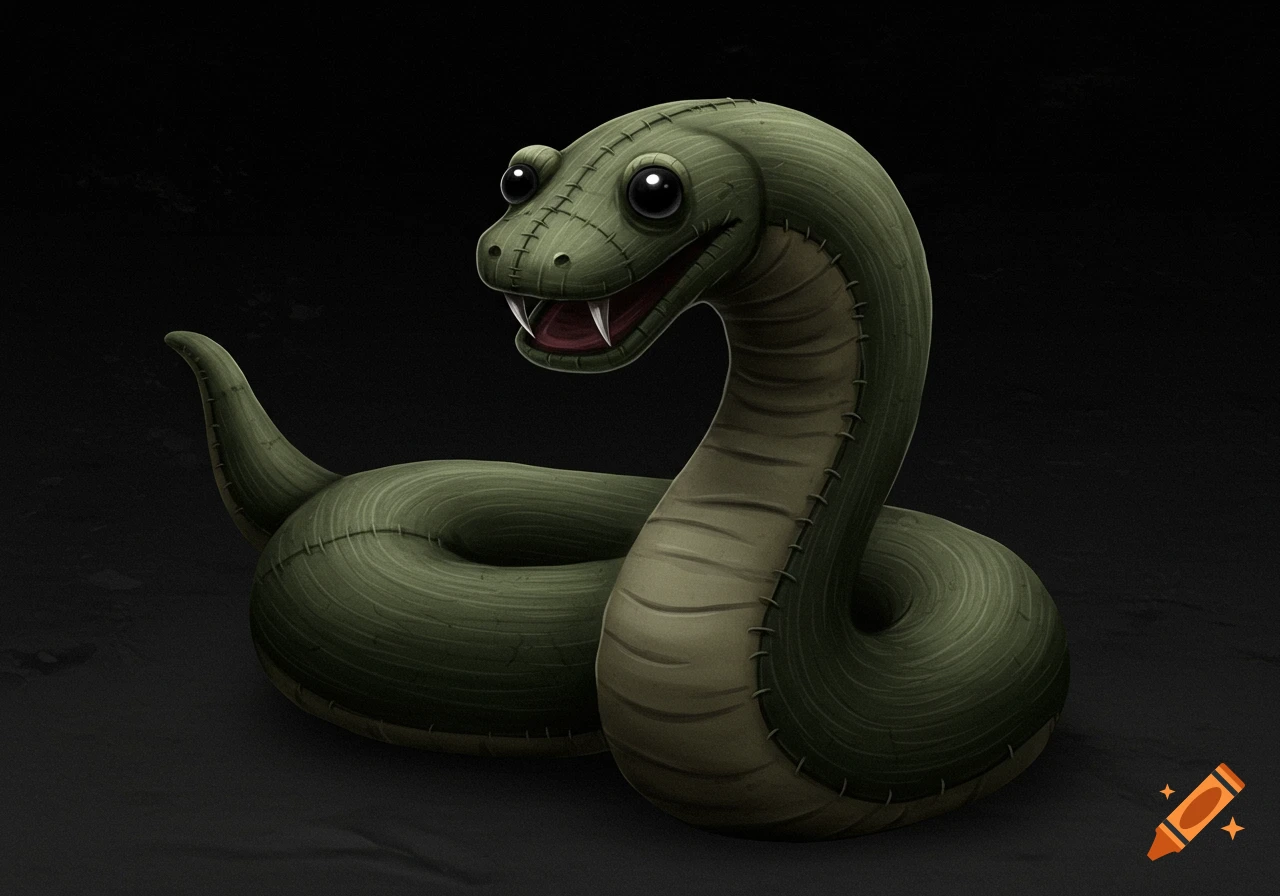 A cartoonish dark green sock puppet snake with big eyes and small fangs, against a dark background.