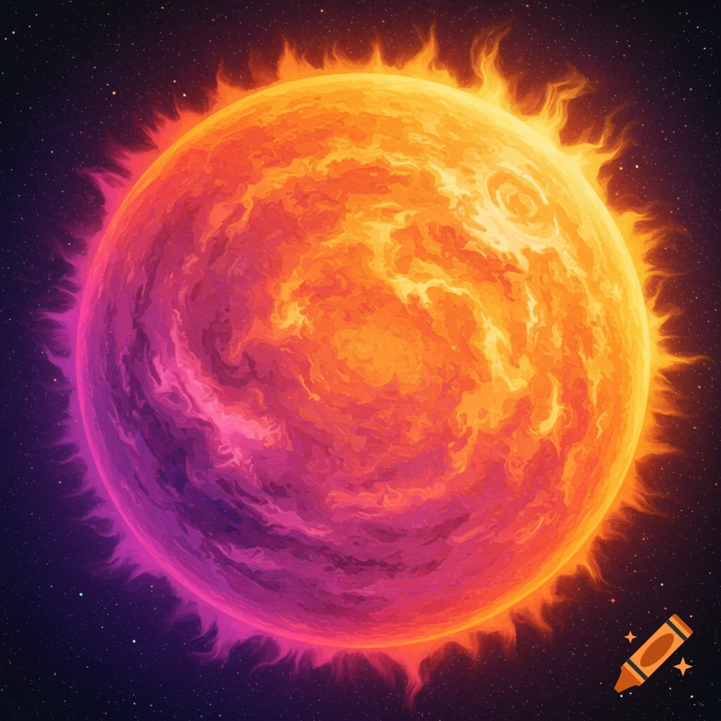Stylized vibrant sun with swirling orange, red, and purple textures and a fiery aura against a starry dark space background.