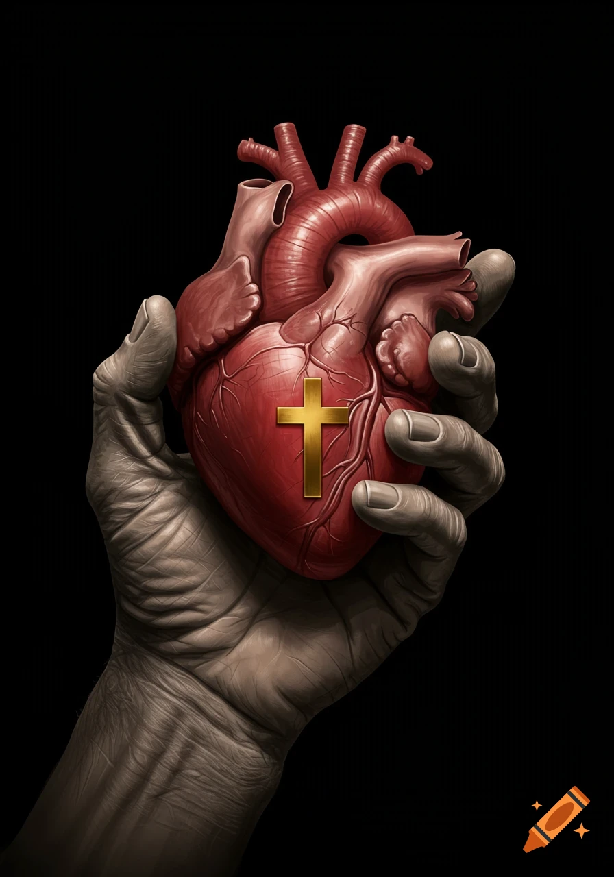 A detailed image of a human heart held in a hand, with a golden cross on the heart, against a black background.