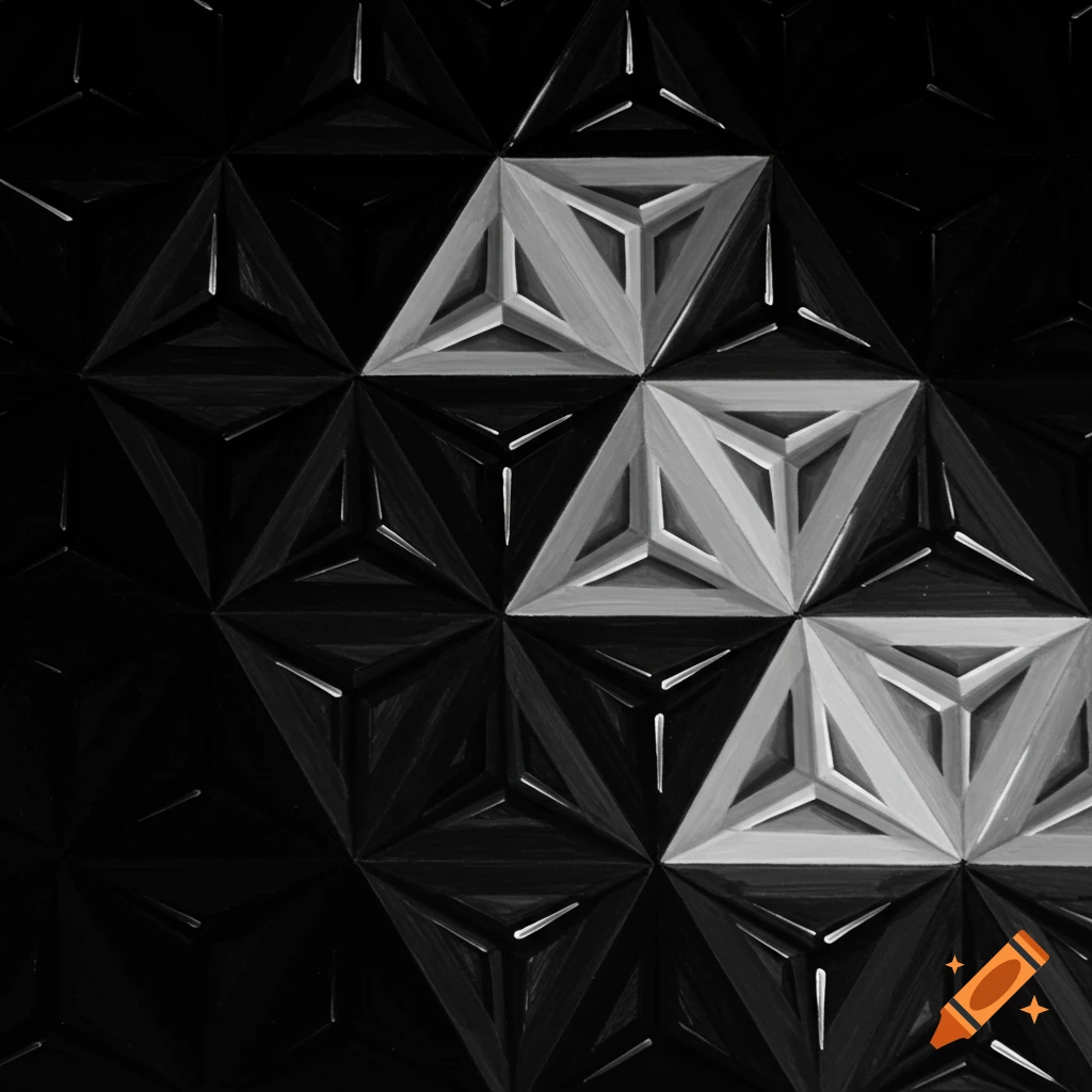 A monochrome abstract pattern of interconnected triangular shapes forming a fractal.