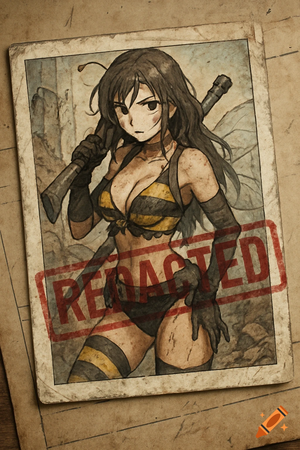 An anime-style graphic novel illustration of a woman in a revealing bumblebee costume with a rifle, on a weathered photo with a "REDACTED" stamp.