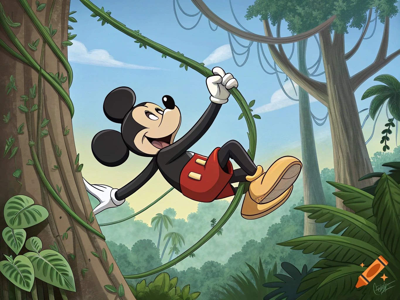 Mickey Mouse swings through a lush jungle on a thick green vine against a blue sky in a vibrant cartoon illustration.