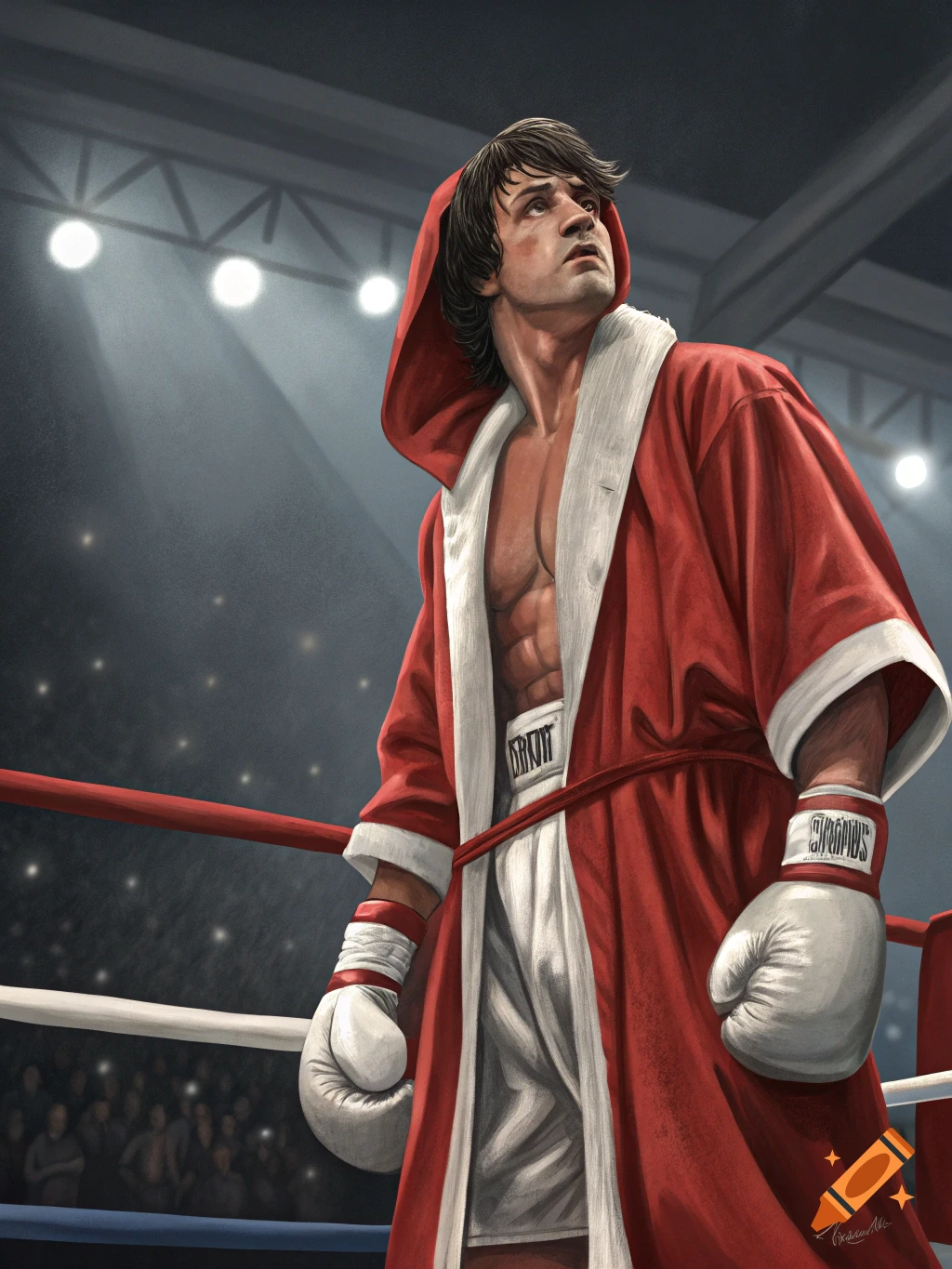 An illustrative portrait of Axl Rose dressed as Rocky Balboa in a red boxing robe, looking up in a boxing ring.