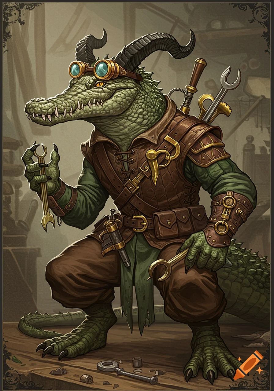 A detailed illustration of a crocodile-like creature wearing steampunk goggles and leather artificer armor, holding wrenches.
