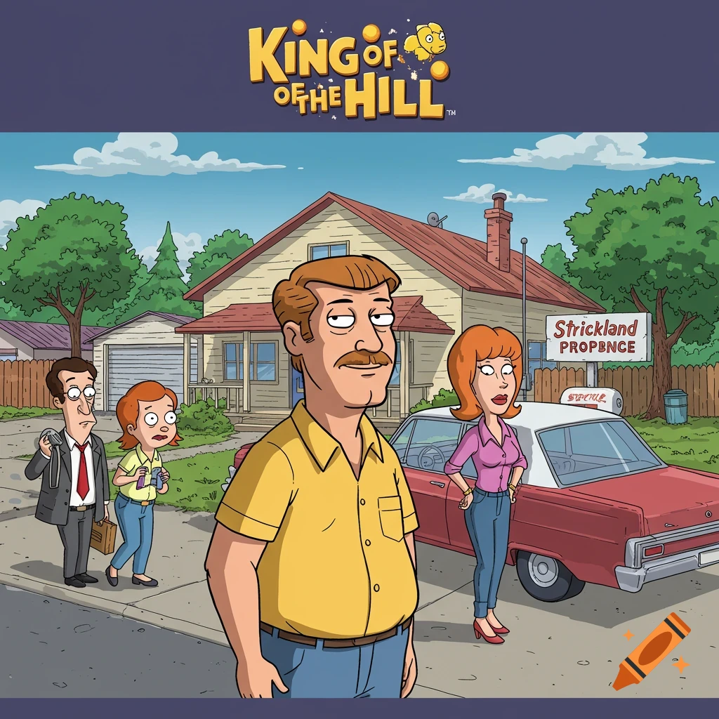 An animated scene in the style of King of the Hill, showing four characters in a suburban street with a house and car, under the King of the Hill logo.