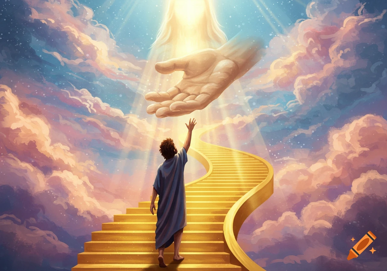 A man on golden stairs reaches towards a large, glowing hand descending from heavenly clouds and light.