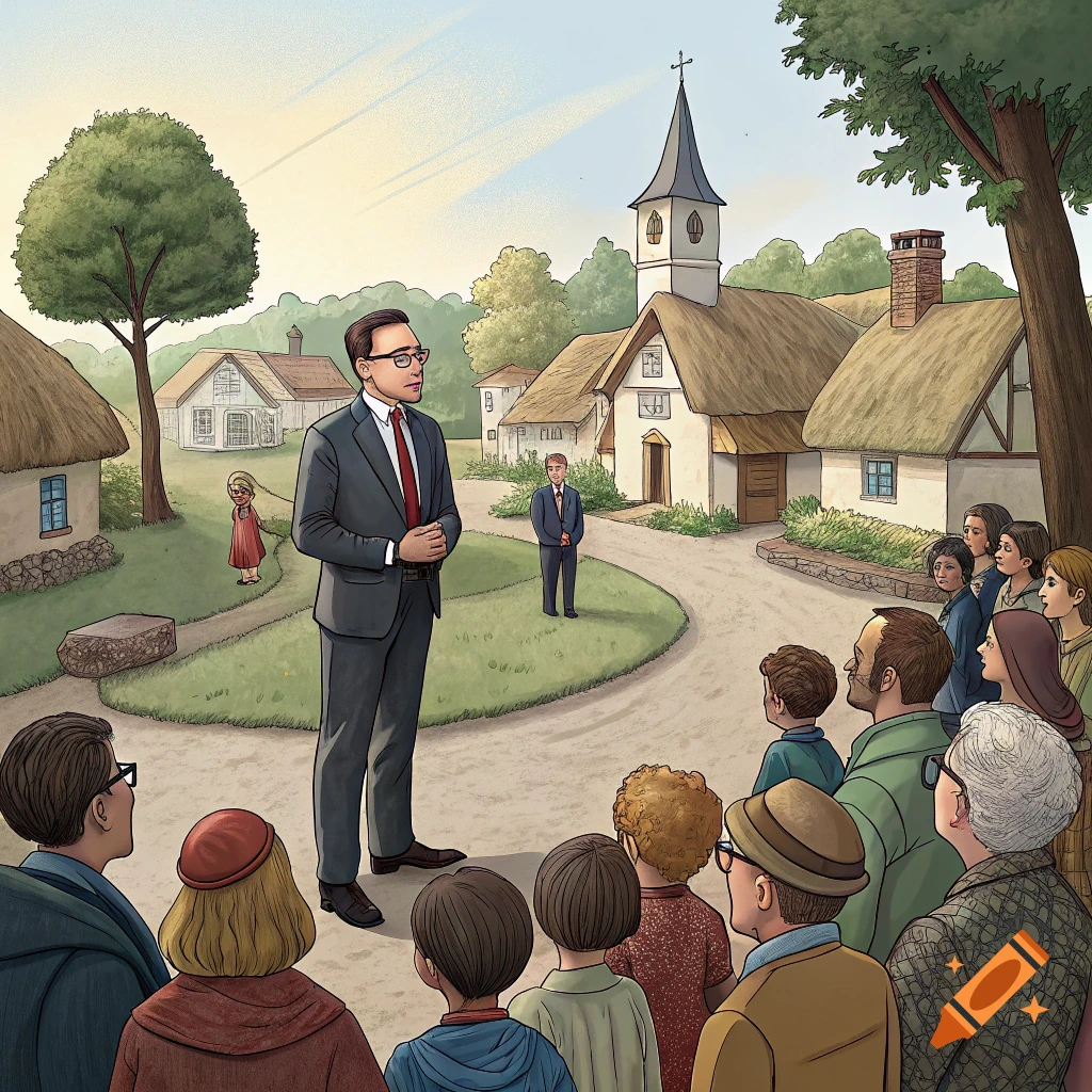 An illustration of a man in a suit speaking to a crowd of people in a quaint village with a church and thatched-roof houses.