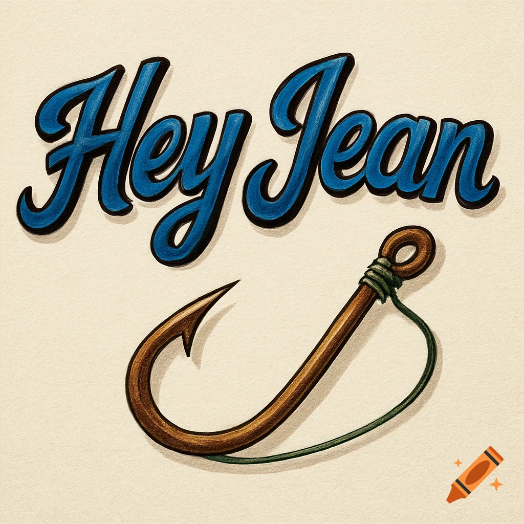 An illustration of the words "Hey Jean" in blue script with a black outline, above a brown fish hook with green string.