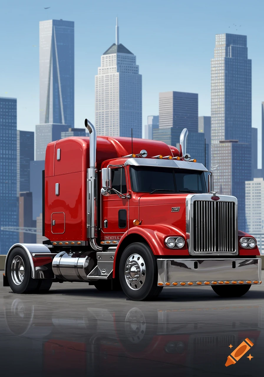 A shiny red semi-truck parked on a reflective surface with a modern city skyline in the background, clear blue sky.