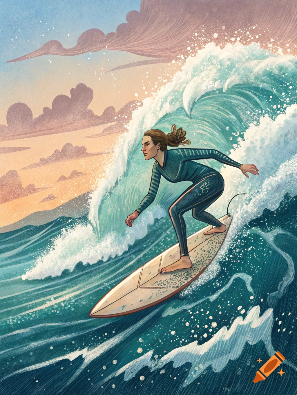 A stylized illustration of a woman in a wetsuit surfing a large blue wave at sunset.