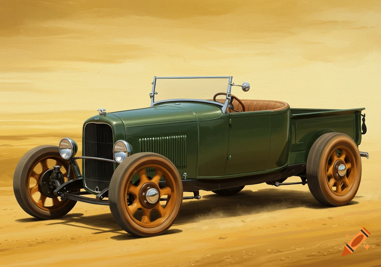 A green 1927 Ford roadster pickup with wooden wheels on a sandy ground in an illustrative style.