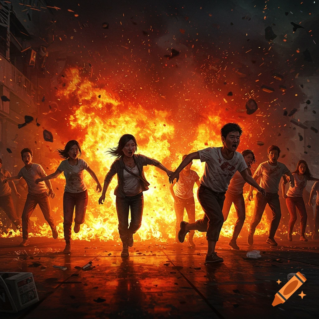 People running in panic from a massive explosion and fire filling the street behind them, photorealistic.