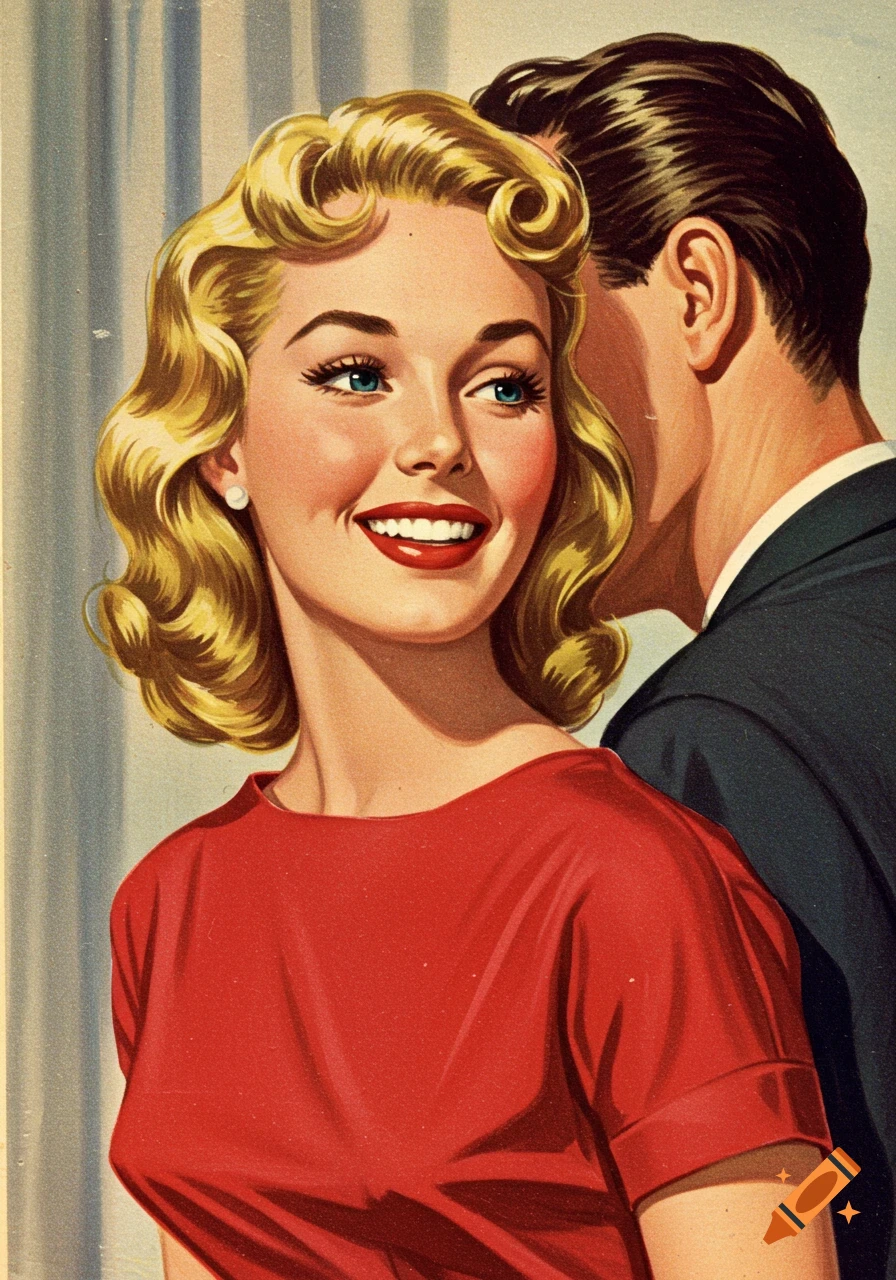 A smiling blonde woman in a red dress looking away from a man whispering in her ear, retro illustration style.