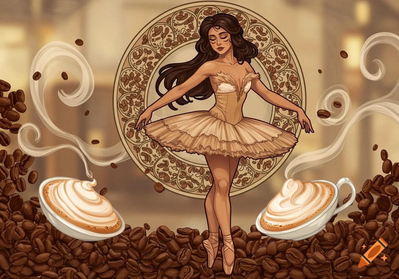 An illustration of a ballerina in a coffee-colored tutu surrounded by coffee beans, steaming cups, and a coffee-themed ornate background.