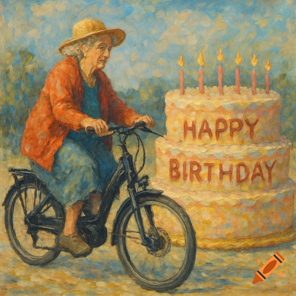 An impressionistic painting of an elderly woman on a bicycle next to a large birthday cake with 'HAPPY BIRTHDAY' written on it.