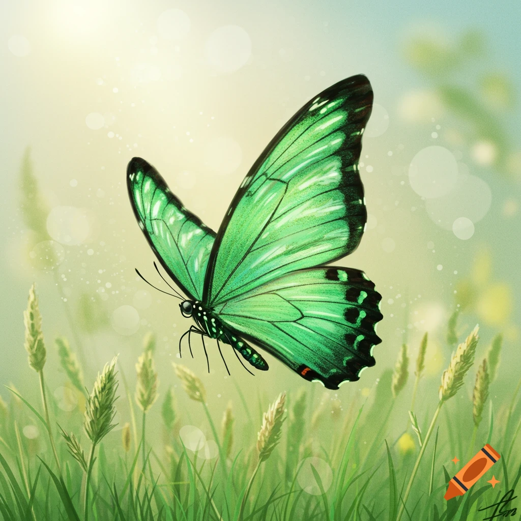 A vibrant sea green butterfly hovers above green grass with a soft, sunlit background.