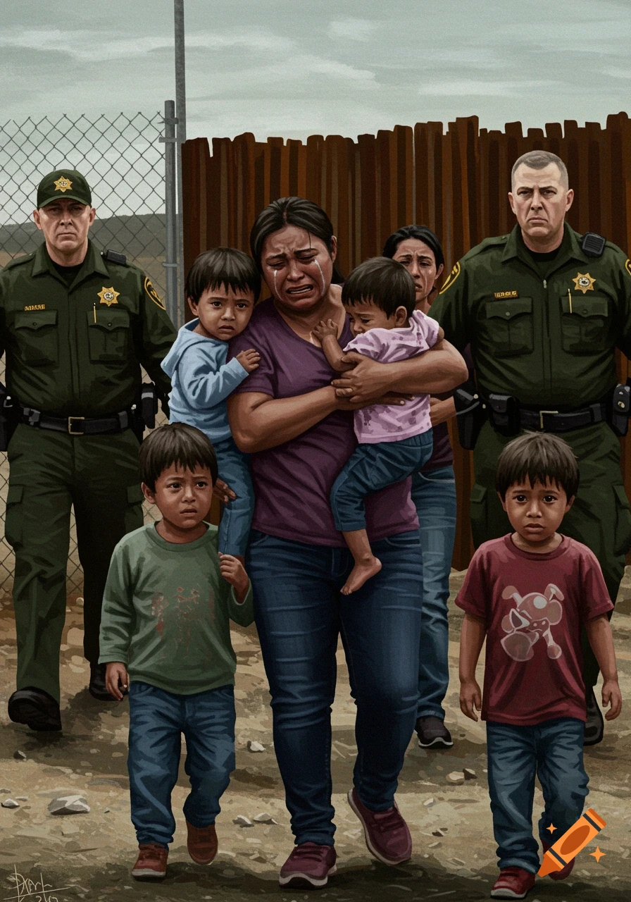 An illustration of a crying mother holding two children, with two other children beside her, as two border patrol officers stand by a fence.